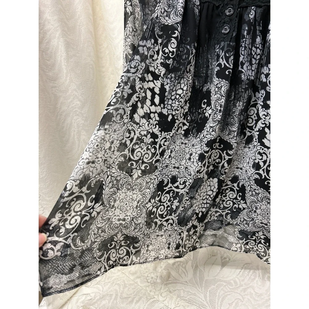 NY Collection Womens Black White Damask Chiffon Blouse Crochet Lace Trim Large - Picture 3 of 8